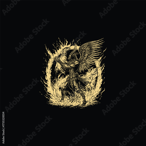 Powerful, dark fantasy illustration of a winged mythological warrior, god, or demon standing in a ring of fire