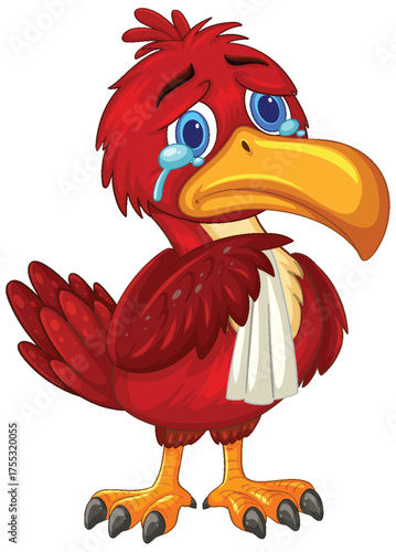 Sad Cartoon Red Bird Crying with Bandaged Wing