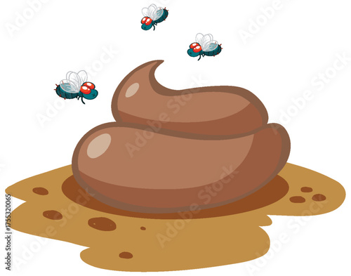 Cartoon Animal Feces with Flies on White Background