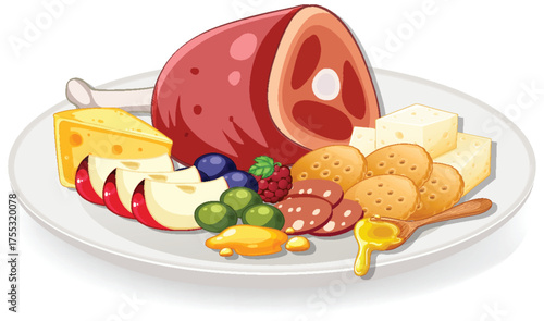 Charcuterie Plate with Ham, Cheese, Crackers, and Fruit