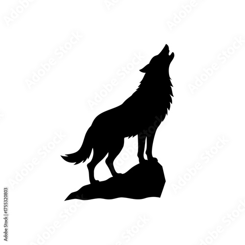 Wolf howling on a rock top on transparent background silhouette