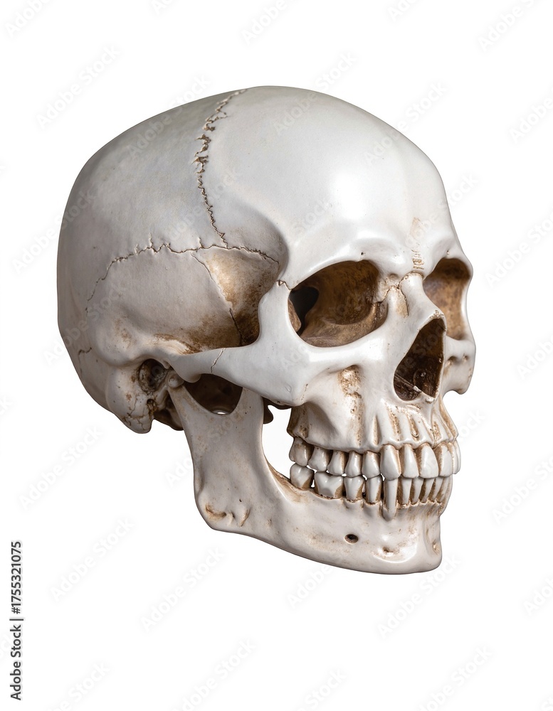 Obraz premium A detailed human skull, devoid of teeth, showcasing intricate bone structure, with visible sutures and natural wear, set against a neutral background.