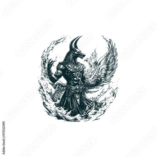 Powerful vintage engraving style illustration of Anubis, the Egyptian god with a jackal head, rising from flames or water with one majestic wing