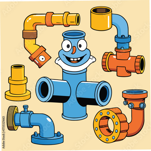 Cartoon Plumbing Pipes and Fixtures with a Friendly Face fittings illustration