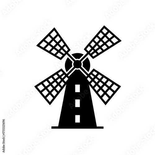 Black windmill silhouette on transparent background