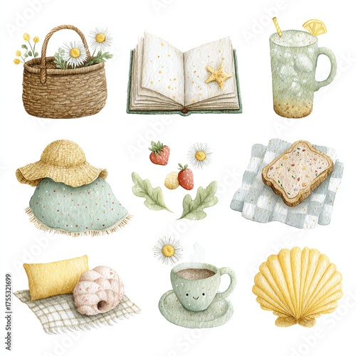 Picnic Delights: A charming array of watercolor illustrations capturing the essence of a perfect picnic, featuring a basket, book, drink, hat, food and decorative items.  