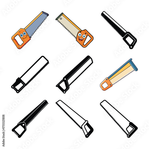 Cartoon Saws and Silhouettes of Saws on White Background Keywords: saw, hand saw, carpenter, woodworking