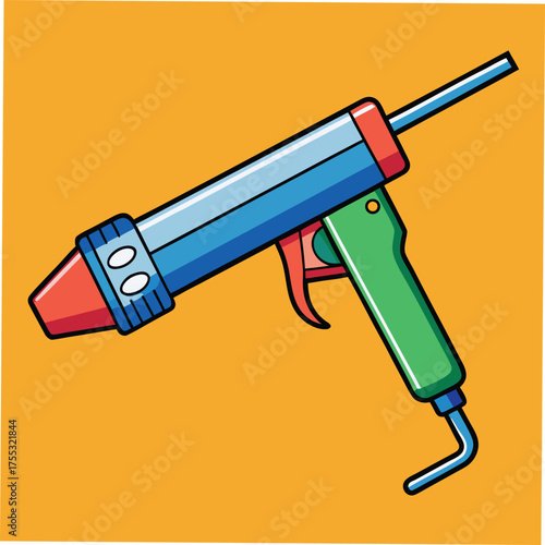 Colorful Illustration of a Hot Glue Gun on an Orange Background Keywords: hot glue gun, glue gun, tool