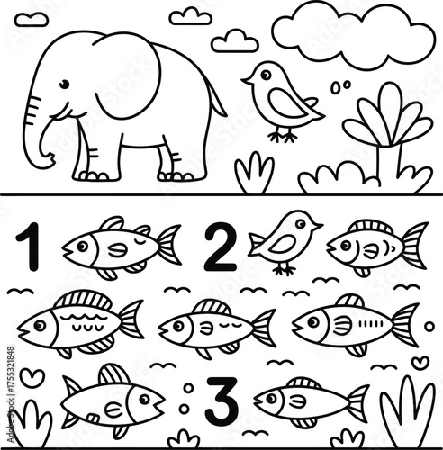Elephant bird fish counting illustration number one