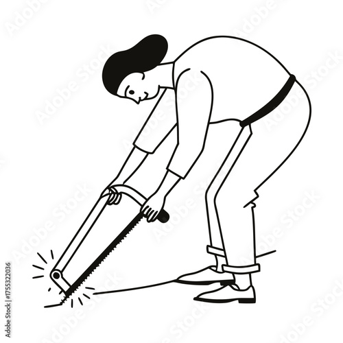 Person sawing wood with a hand saw on the ground vector illustration