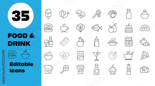 Vector art of food and drink line icon set editable stroke