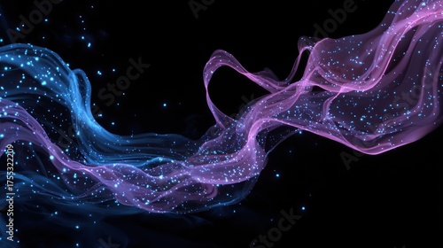 A vibrant, ethereal blue and pink wave-like form with sparkling particles against a dark background, creating a surreal and dreamlike atmosphere.