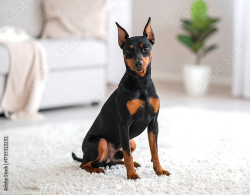 Portrait of a sleek, short-haired dog with black and tan markings indoors on a fluffy white rug