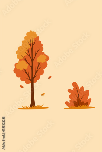 Colorful autumn trees cartoon yellow orange fall tree and autumnal garden bush icon with fall season gold leaves for city park and forest landscape background vector isolated symbol
