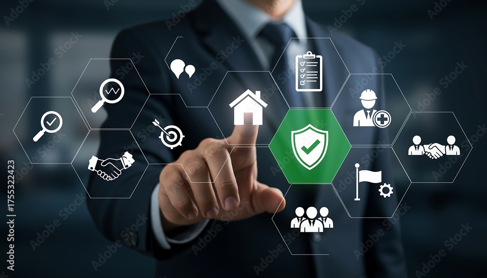 Naklejka premium Businessman Touching Digital Screen Interface Representing Insurance and Protection Services