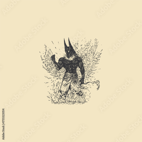 illustration of a demonic or mythological creature with large horns and wings of smoke or fire, rising from the flames