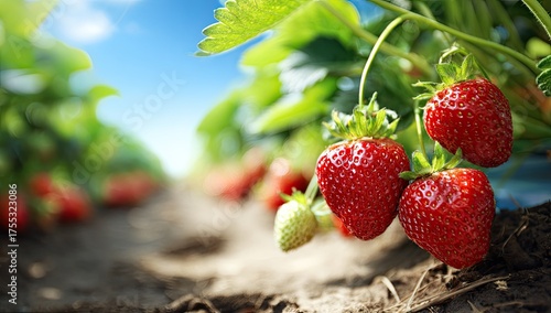 Ripe strawberries hang, sunlight shining on the strawberry farm