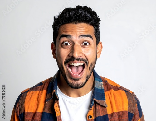 Portrait of a smiling man with dark hair and a patterned orange and blue shirt