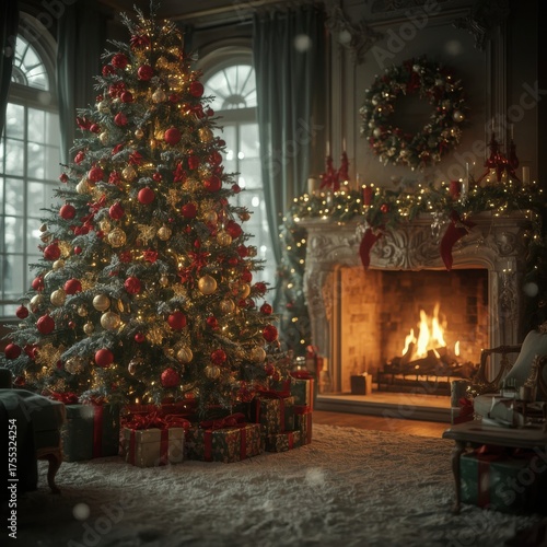 A Beautifully Decorated Christmas Tree and Fireplace Create a Cozy and Festive Atmosphere During the Holiday Season