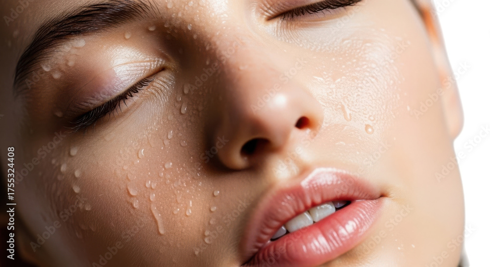 Fototapeta premium Closeup portrait of woman with dry skin and closed eyes, highlighting skin texture and imperfections