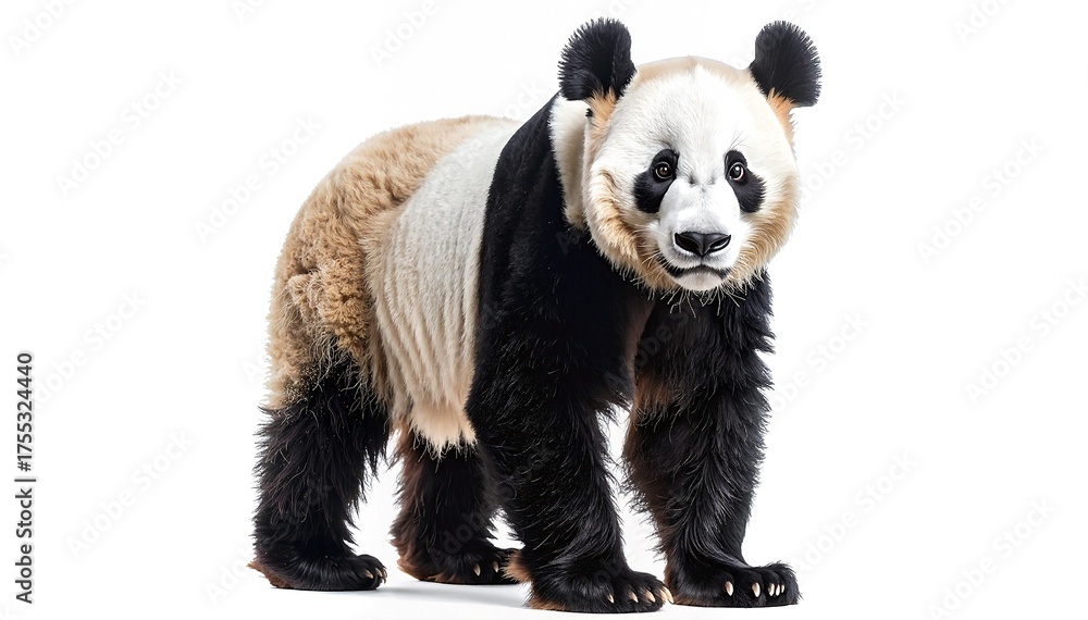 Naklejka premium A playful panda bear stands upright on its hind legs, showcasing its distinctive black and white fur, with curious eyes and a gentle expression.