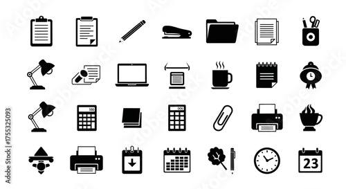A comprehensive set of black vector silhouettes representing office essentials for web design_transparent.svg