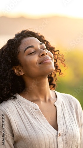 Portrait of a smiling woman with closed eyes, lit by the warm sunlight