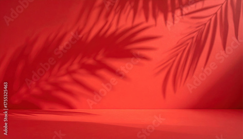 Blurred shadow from palm leaves on the red wall. Minimal abstract background for product presentation. Spring and summer.