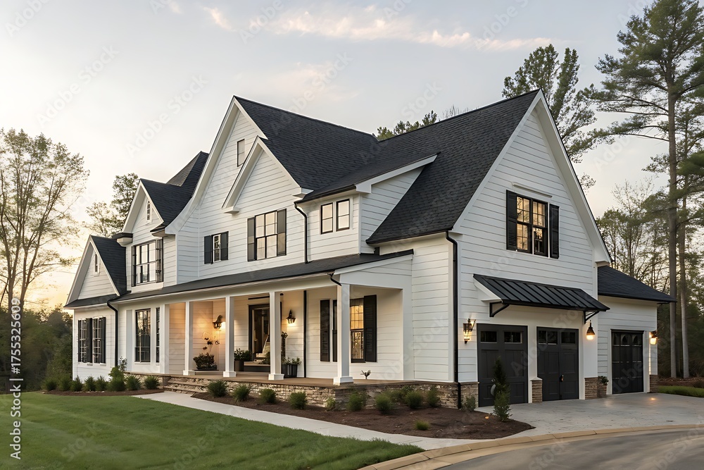 Naklejka premium Classic colonial style house with white trim, a gray shingle roof, and a wide front yard garden. Exterior view with tall trees and a stone walkway.