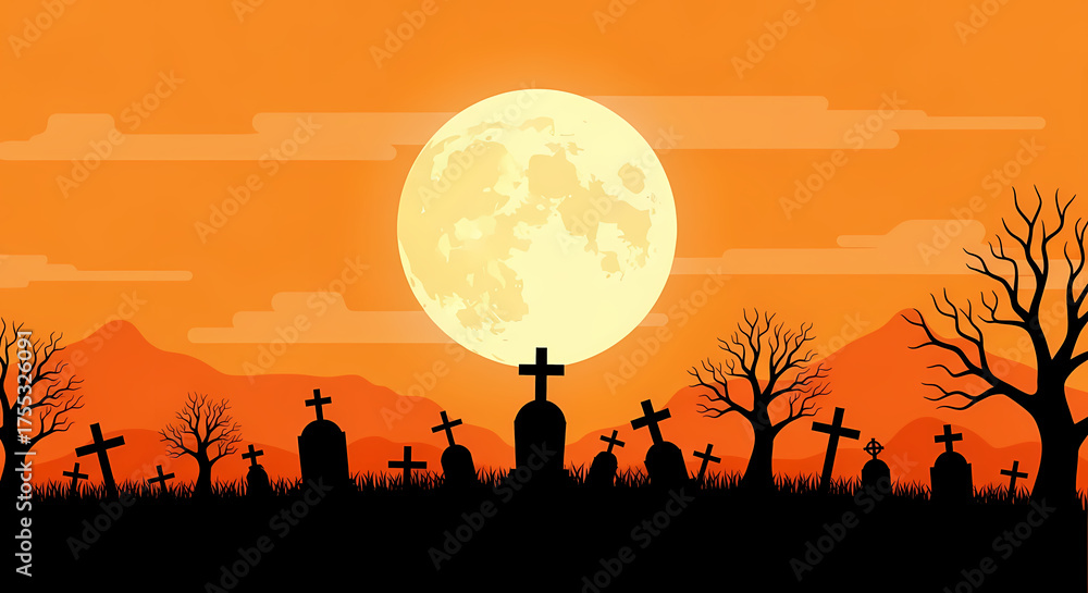 Naklejka premium Spooky Halloween Graveyard Scene With Full Moon Shining Over Barren Trees and Tombstones