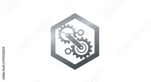 A precise logo with a metallic silver silhouette of interlocking gears within a hexagon_transparent.svg