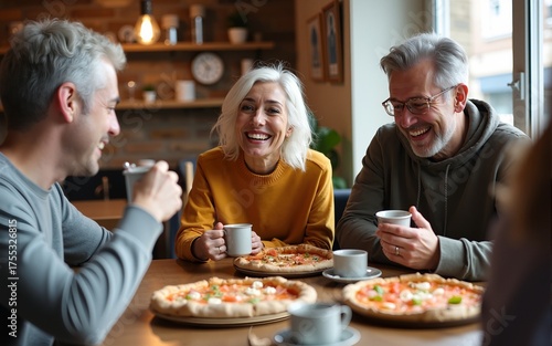 Group of positive aged friends sitting at table and laughing while drinking tea and eating pizza together in cafe. High quality