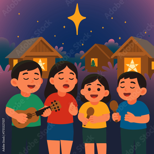 Filipino Christmas Caroling Vector Scene – Children Singing Outside a House, Traditional Holiday Celebration