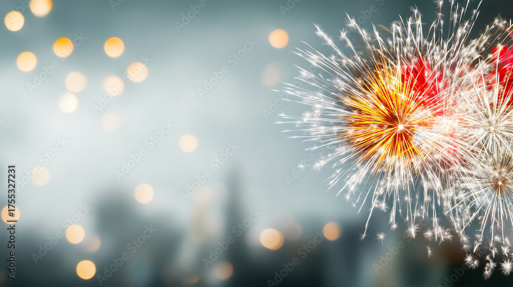 Obraz premium Beautiful fireworks burst in the night sky, creating a dazzling display of color and light against a blurred city skyline background.
