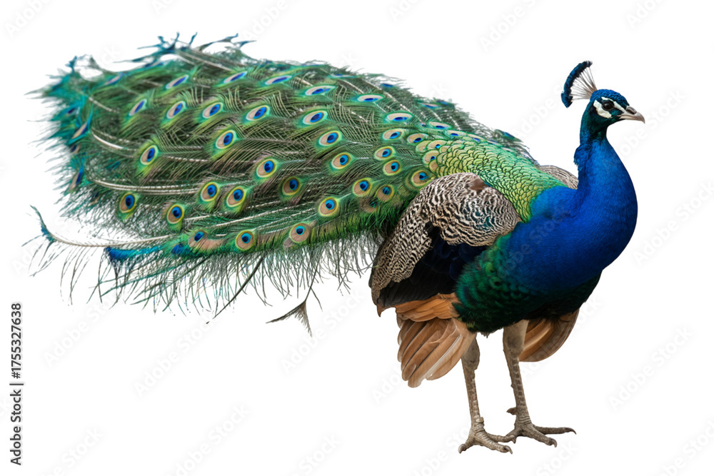 Obraz premium Magnificent peacock displaying iridescent plumage in vibrant detail
