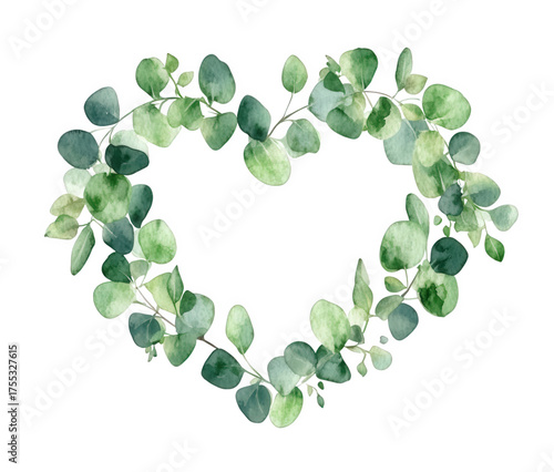 Watercolor eucalyptus heart isolated on transparent background, a botanical illustration that captures the delicate beauty of nature with its lush green leaves