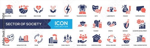 Sector of Society Glyph Color Icon Collection. Containing social welfare, defense, design, social services, communication, arts, public health, energy