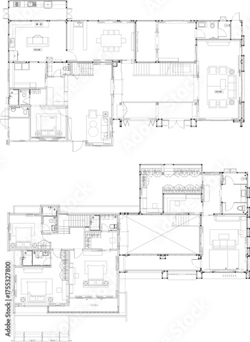 2-Story Residential House Line Drawing with Furniture Layout, Floor Plan of First and Second Floors, Interior Design