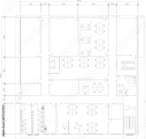 Interior Design Drawing of Office Layout, Furniture Placement, Manager Room, Conference Room, and Work Area