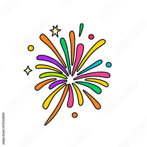 Colourful cartoon-style fireworks explosion with bright orange, pink, green, yellow, and blue sparks on a white background, celebration illustration.