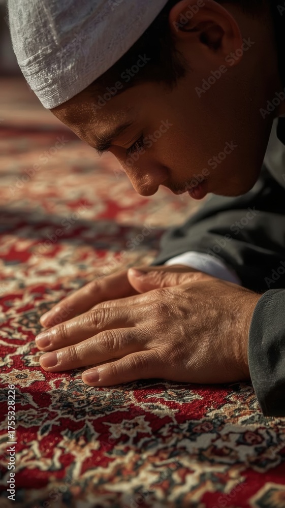 Fototapeta premium Young boy bowing his head in prayer on a richly patterned carpet wearing a white kufi