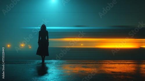 Hyper realistic 3D cinematic scene of a woman standing alone on rainy train platform at night, backlit silhouette with coat and hair moving, rushing train with motion blur, wet reflections and fog