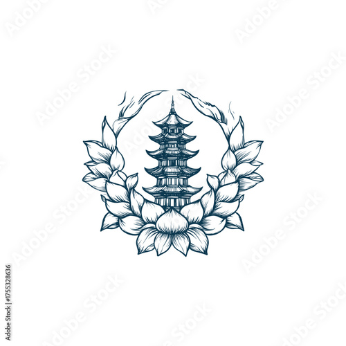 illustration featuring a traditional pagoda or temple centered within a circular frame