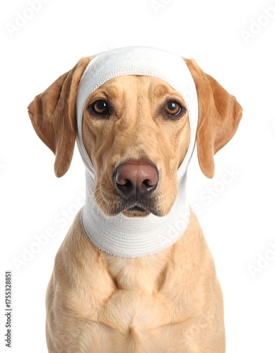 Portrait of a tan-colored dog with a white bandage wrapped around its head against a white background