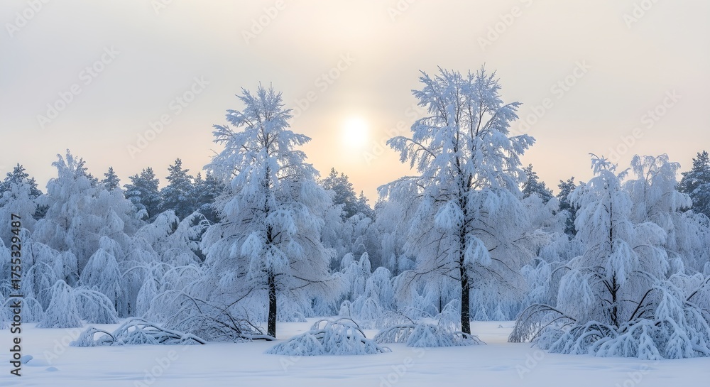 custom made wallpaper toronto digitalTwo snow covered trees stand in a frosted forest landscape with the sun shining faintly through the mist