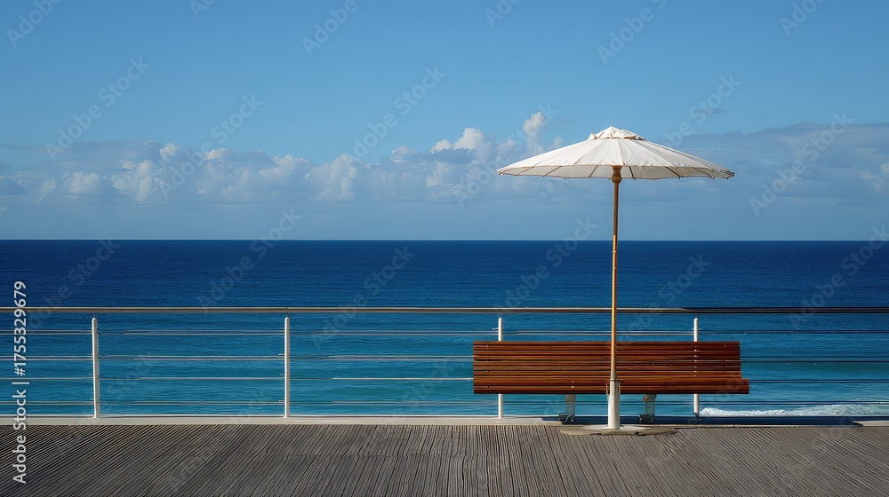 Obraz premium Serene Coastal View with Umbrella and Bench Beside Calm Blue Ocean and Clear Sky