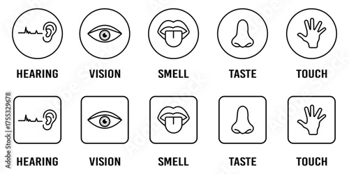 Human senses icon set. Vision eye, smell nose, hearing ear, touch hand, taste mouth with tongue. set of human five senses icon. Visual representation of human senses.