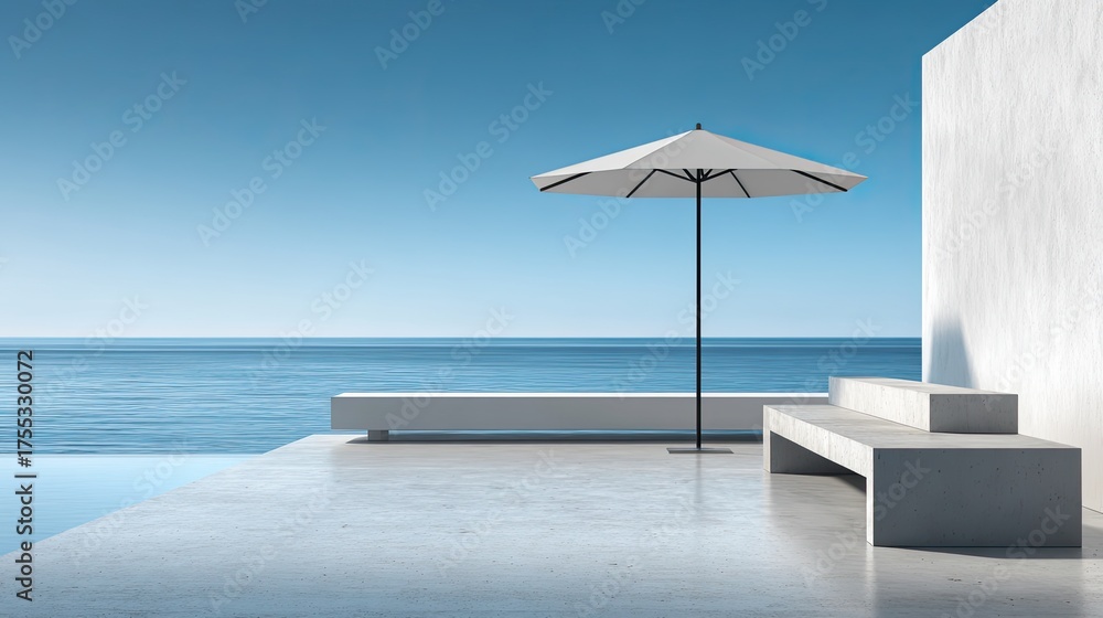 Fototapeta premium Modern Minimalist Outdoor Space with Umbrella and Sea View Under Clear Blue Sky