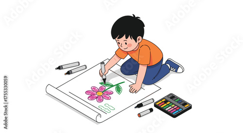 Young child happily drawing a colorful flower on a large sheet of paper with crayons and watercolors.