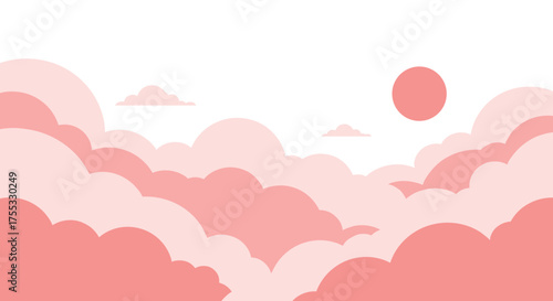 A serene pink cloudscape with a glowing sun in the distance.